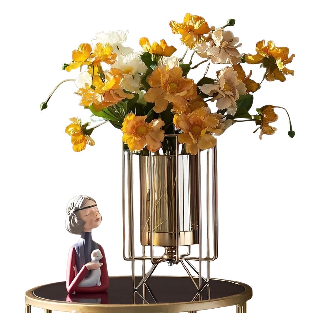 Home Trends India Metal Geometric Designer Gold Pillar Flower Vase with Removable Glass Insert – Decor Piece for Home, Office, Bedroom, and Special Occasions – Gift for Christmas, New Year (Gold)