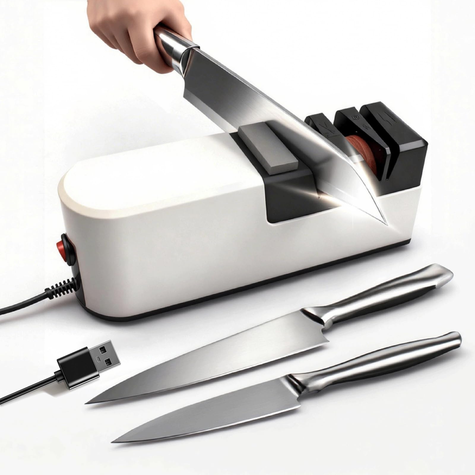 Knife Sharpener, 5 in 1 Electric Kitchen Knife Sharpening System Featuring Dual-Sided Alignment for Chefs Knives, Scissors Home, Sharpening Stone Alternative, Quick Edge Restoration, Safe Function
