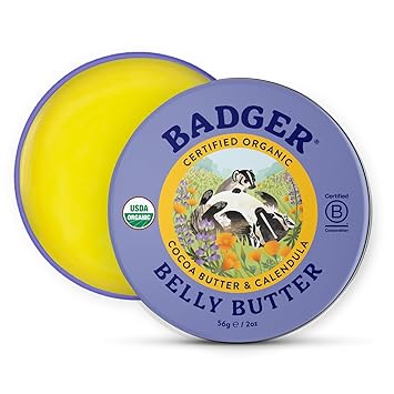 Badger Belly Butter, Organic Stretch Mark Cream for Pregnant Belly, Rich Hypoallergenic Moisturizing Organic Cocoa Butter & Coconut Body Butter for Women, 2 oz Tin