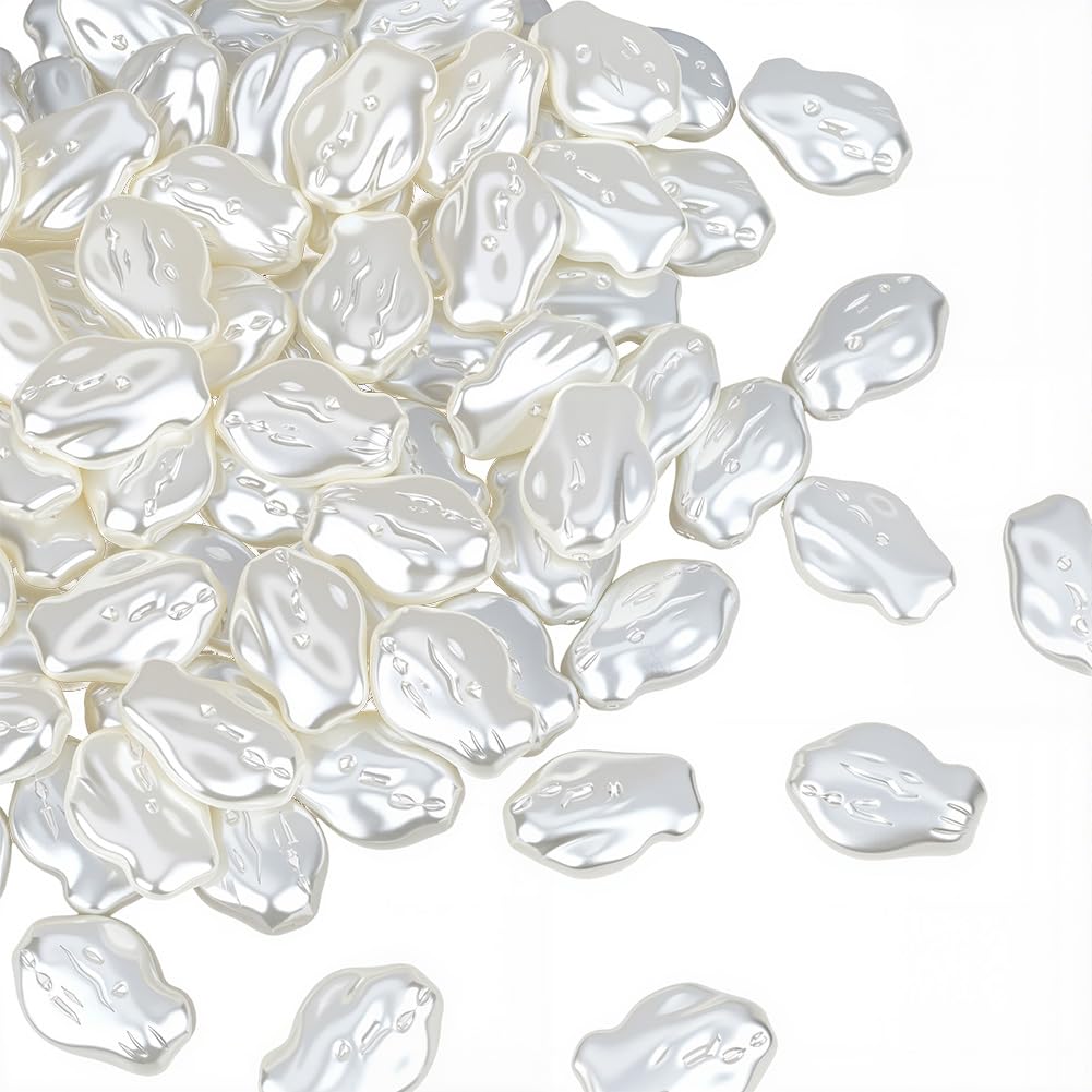 PONABEADIY 1 Box 100PCS Ivory Irregular Pearl Beads with Hole Summer Imitation Pearls ABS Plastic Artificial Glossy Charms Loose Bead Bulk for Jewellery Making Bracelets Necklace Earrings Diy Crafts
