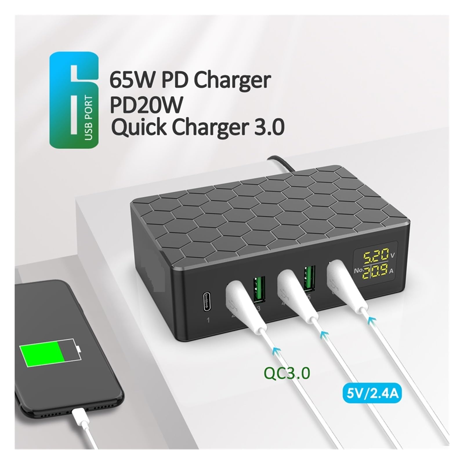 Ładowarka Biurkowa 65 W Z 5 Portami USB C QC3.0 PD2. Stacja Ładująca Układem Kabli MożLiwość Szybkiego łAdowania