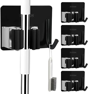 elook Soporte para escoba montado en la pared, 5 piezas de acero inoxidable autoadhesivo para fregona con ganchos, soporte para fregona para baño, cocina, oficina, armario, jardín, garaje, color negro