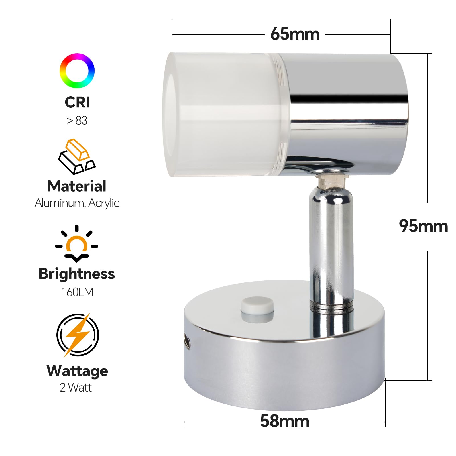 acegoo Lampada da Lettura 12V LED Camper Dimmerabile 3200K DC12-24V Spot Acrilico con Caricatore Rapido USB C, per Caravan Furgone Barca Camion Auto Illuminazione Interna, Cromato
