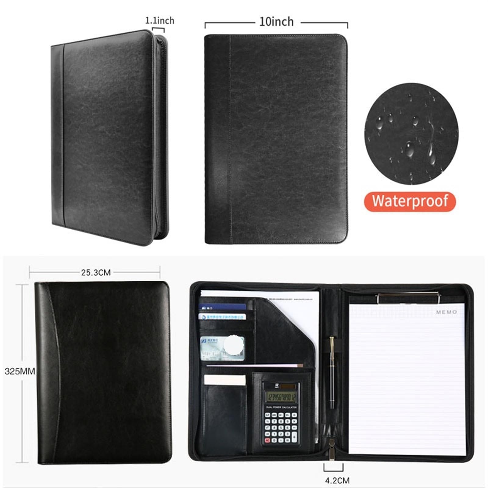 Cartella portadocumenti A4 multifunzionale for ufficio, cancelleria, cartelle for conferenze, cartelle for contratti, organizer con cerniera, porta biglietti da visita Cartella Aziendale(Black)
