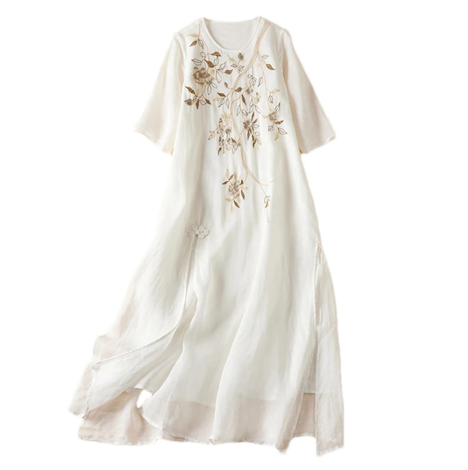 ZouoYYii Primavera Verano Mujer Vestido Largo con Bordado Floral Media Manga A-Line Forro Lateral Dividido Vestidos Casuales para Mujer Suave