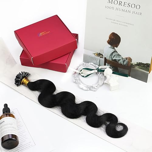 Miniatura 3 de Moresoo Extensiones de cabello humano con punta en U, color negro azabache con punta en U, extensiones de cabello humano preunidas, 5050S, 16