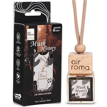 AIR-ROMA Musk Mystery Car Perfume Hanging Pod 10Ml|Natural Essential Premium Fragrance Oils In Glass Bottle With Wooden Diffuser Lid|Long Lasting Car Air Freshener Scent|Lasts Up To 45 Days - image, photos