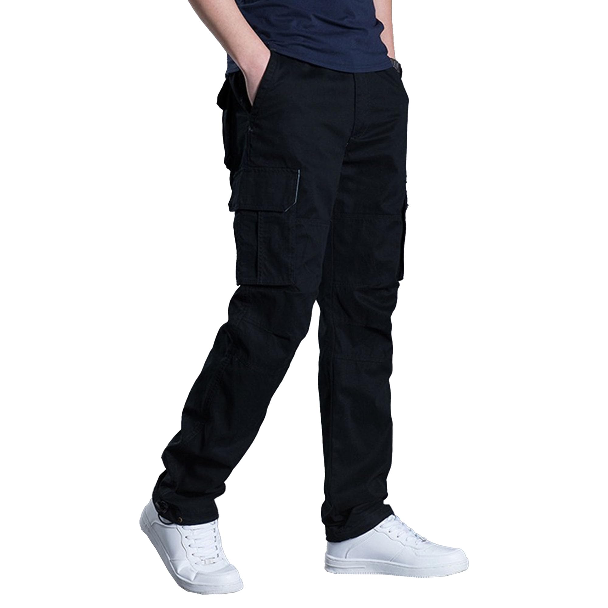 Maiyifu-GJ Cargo Pants for Men Full Elastic Waist Loose Fit Lightweight Workwear Pull On Trousers with Pockets (Black5 THK,X-Large)