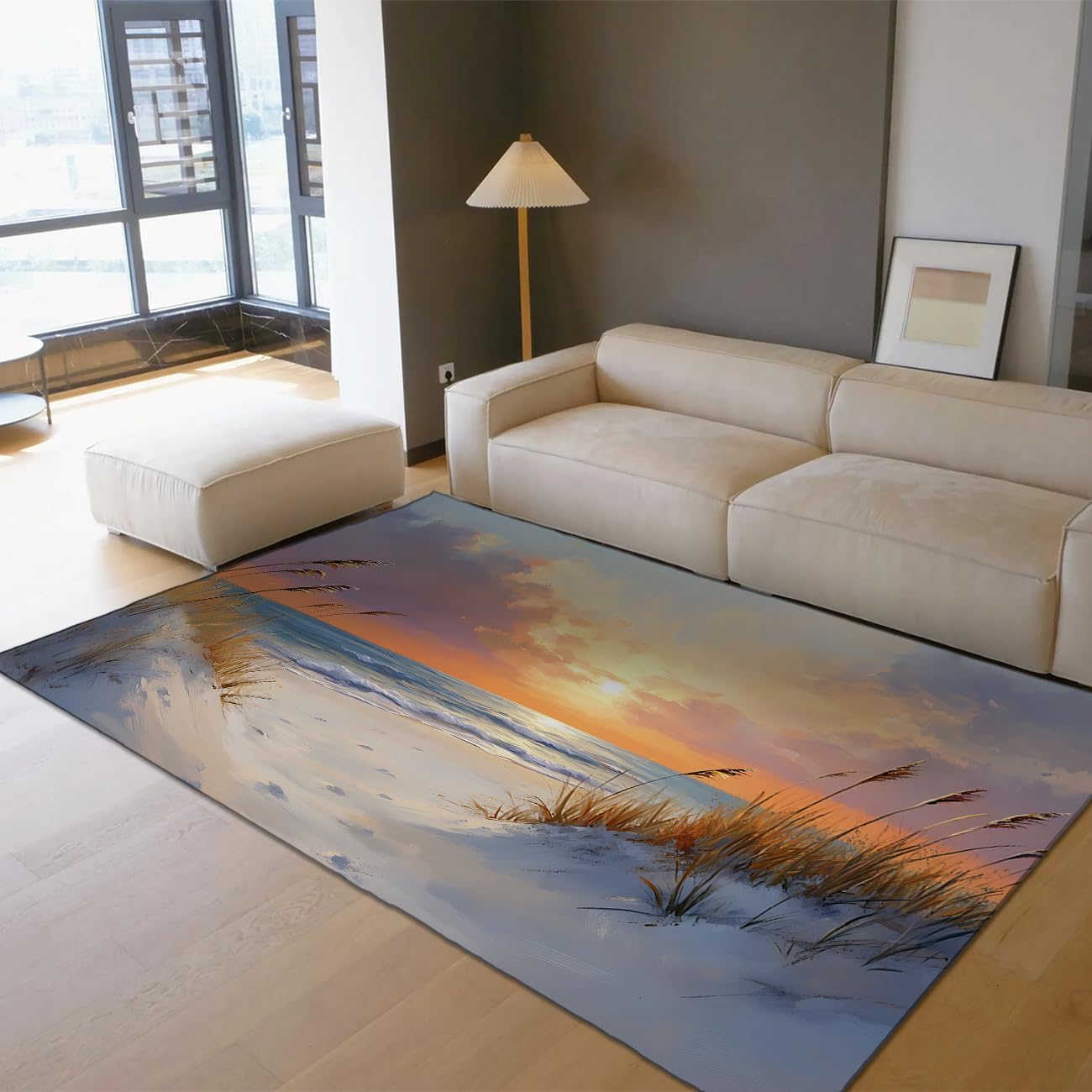 120x160cm Küstenteppich Sonnenuntergang Strand Kurzflor Waschbar