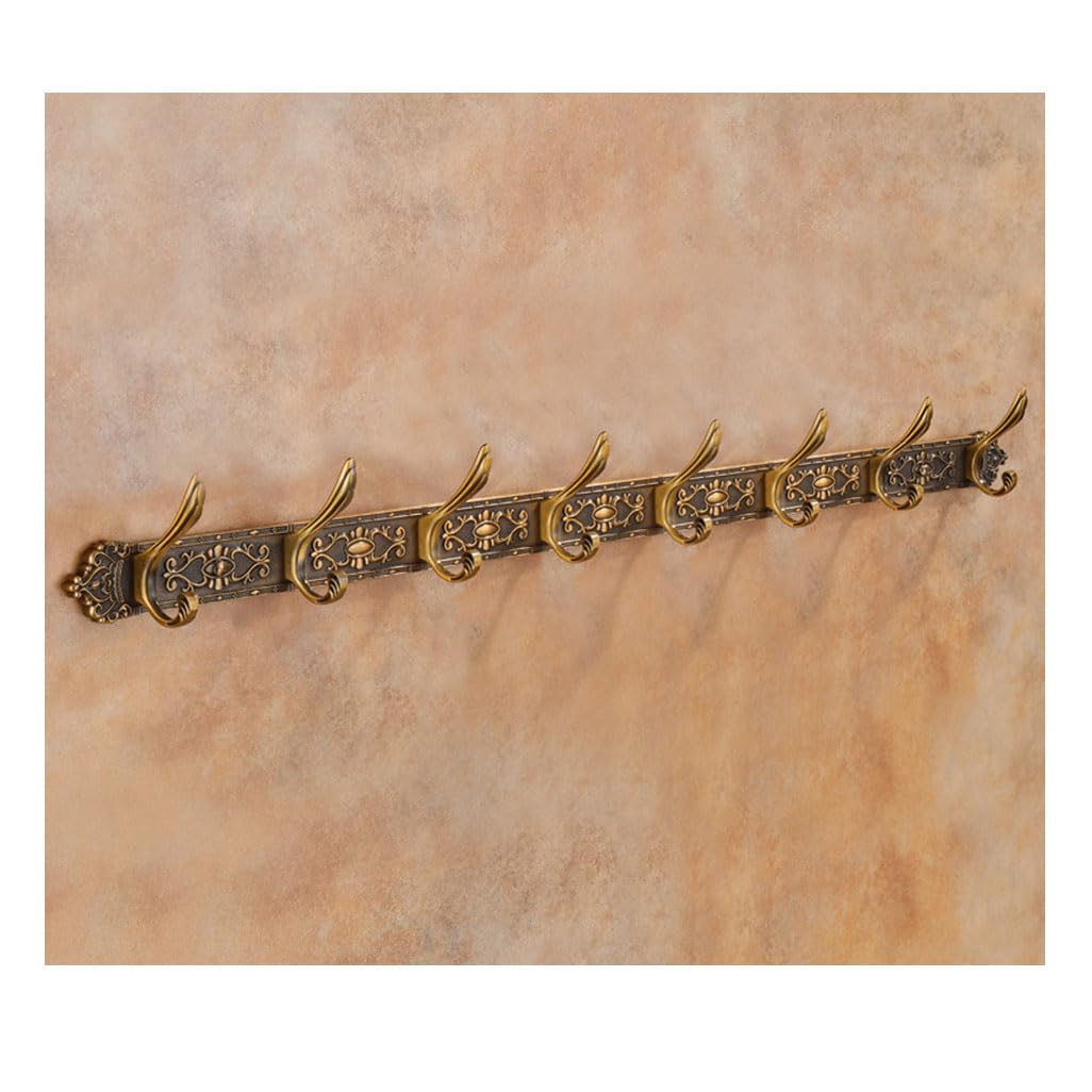 Lmysxaoz Gold Vintage Metal Coat Rack Wall Mount, Aluminum Thickened Hooks Hanging Rail Antique Clothes Towel Racks For Bathroom Entryway Bedroom Behind The Door 8Hook