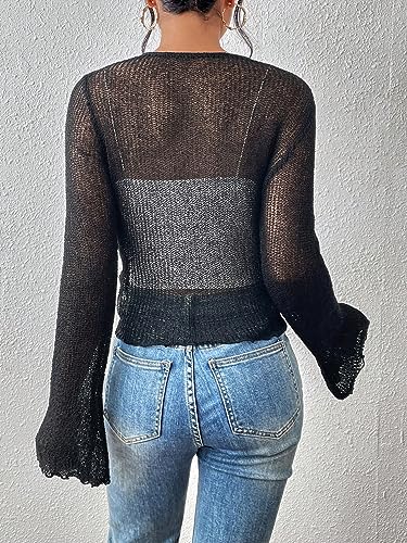 Floerns Women's Summer Bell Long Sleeve Tie Front Knitted Lightweight Cardigan Sweater2