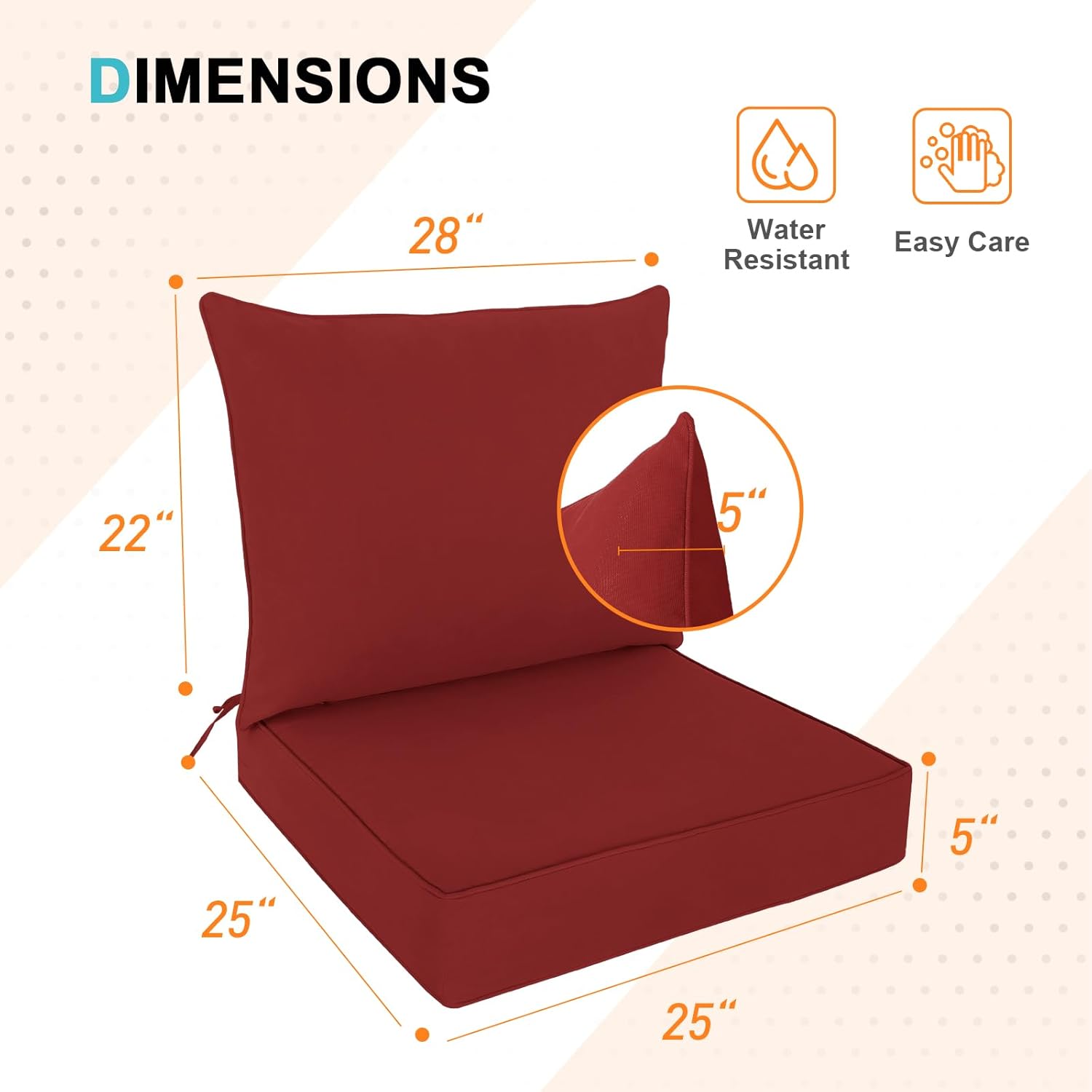 EAGLE PEAK Outdoor Deep Seat Patio Seat Cushion Set, 25 x 25 x 5 inch, 2-Piece Back Chair Cushion, Set of 1, Red