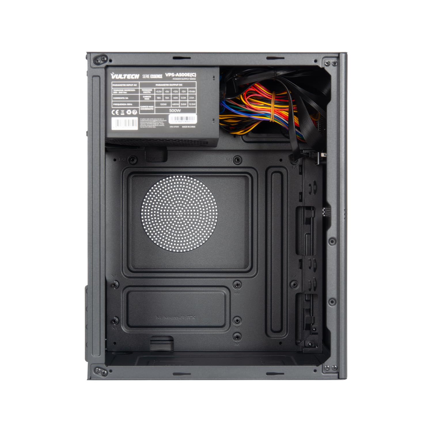 VulTech VCO-M1659P-N Boîtier PC Micro-ATX en Acier SPCC avec Bloc d'alimentation ATX 500 W Inclus, USB 3.0, 2 USB 2.0, Support GPU 270 mm, Noir