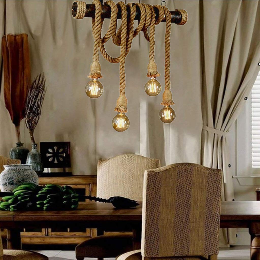 Lampa wisząca w stylu vintage z liny konopnej w stylu industrialnym, okrągły żyrandol bambusowy, z regulacją wysokości, E27 x 4, kreatywny ręcznie tkany sznurek do salonu, garażu, kawiarni, baru, na korytarz, antyczną lampę wiszącą