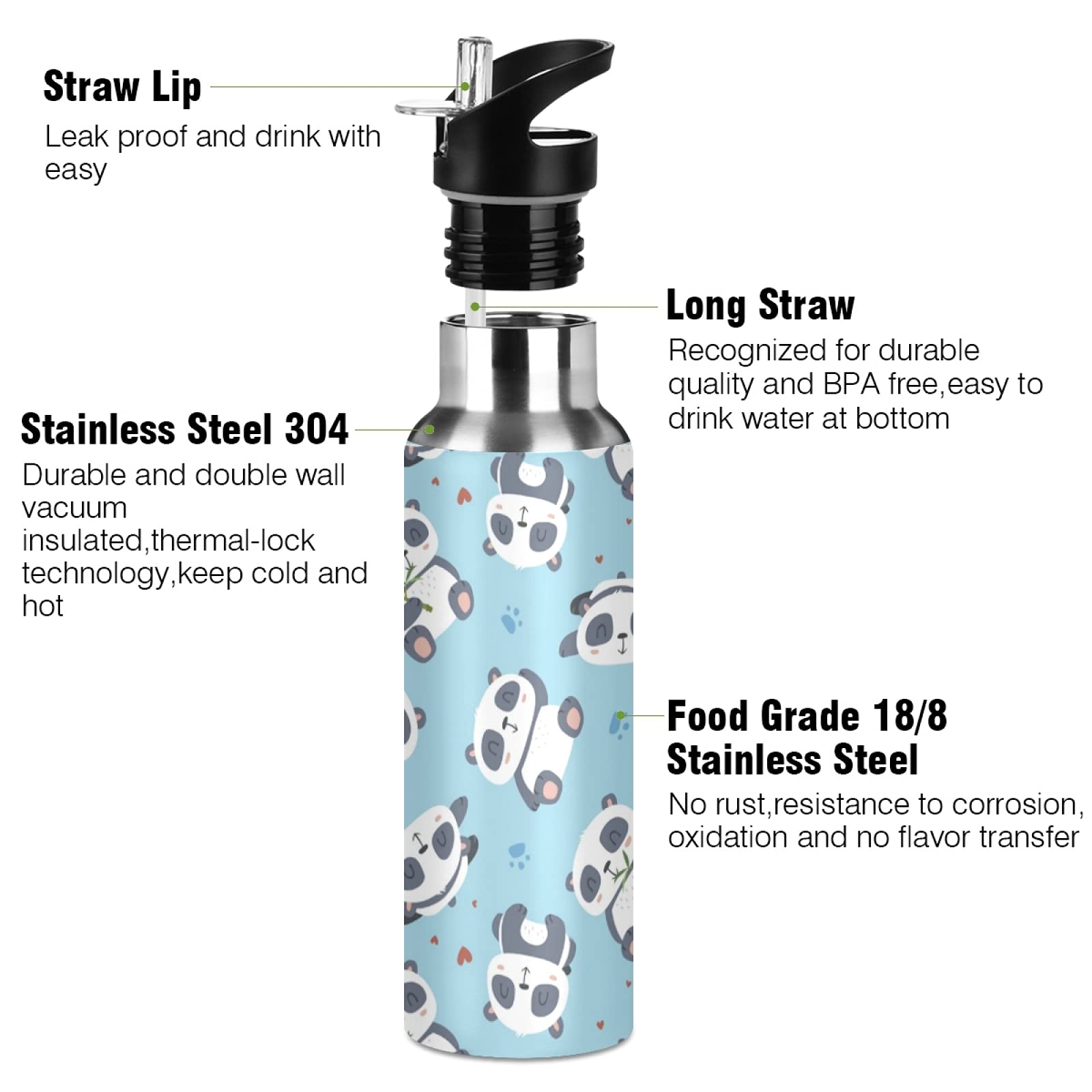 Vnurnrn Pandatier Trinkflasche 600 Ml – Isolierte Edelstahlflasche Mit Strohhalm, BPA-frei