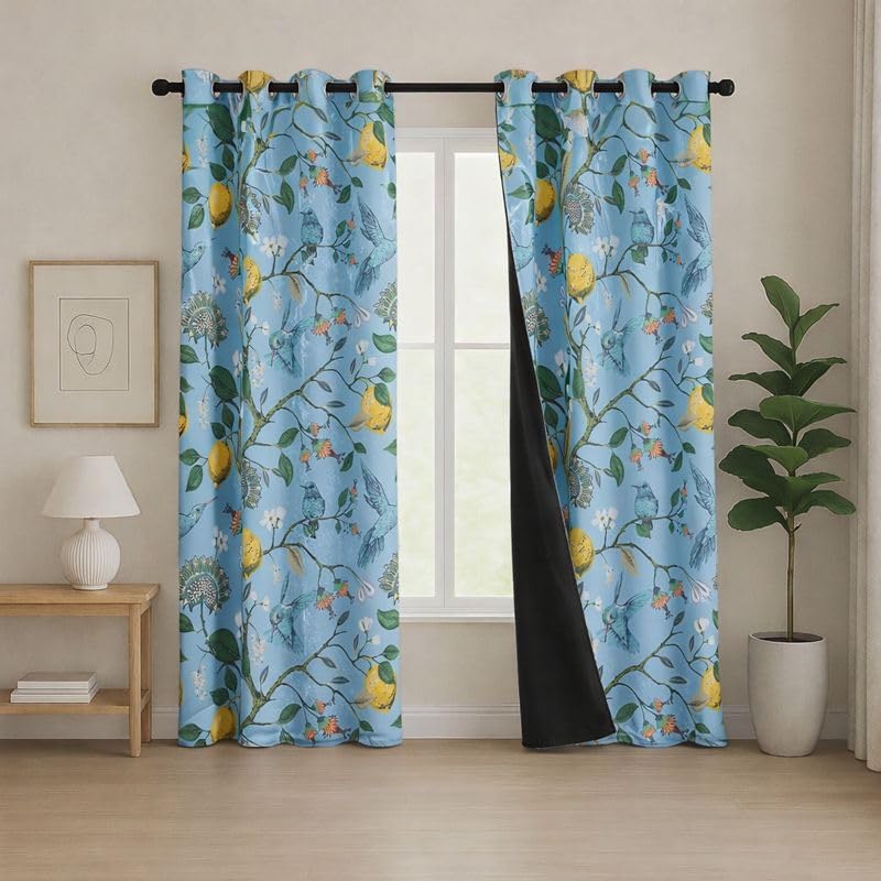 Image of BFAM Floral Print 100% Blackout Curtain with Black Linning at Back,Spa Blue Bird Print Curtains for Living Room /Bedroom Thermal Insulated Energey Saving 8 Feet Pack of 1 Curtain