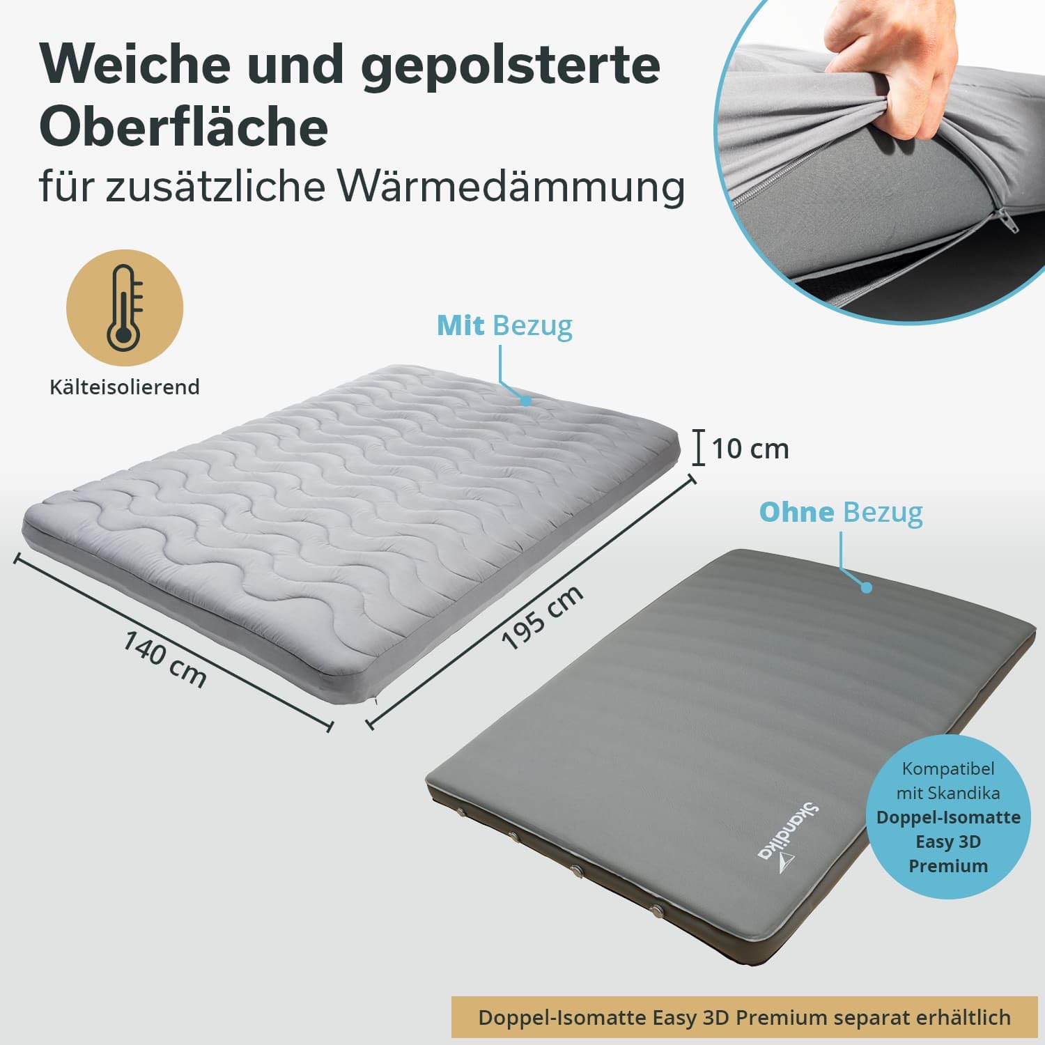 Skandika Bezug für Doppel-Isomatte Easy 3D Premium | Matratzentopper, 195 x 140 x 10 cm, Polyesterfüllung, weich, atmungsaktiv, waschbar, mit Reißverschluss | Matratzen Topper, Matratzenhülle
