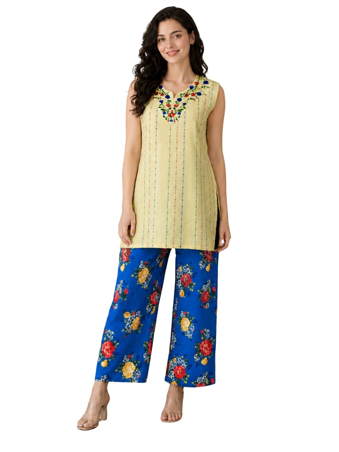 Women’s Pure Cotton Handloom Woven Tunic Co-Ord Set with Printed Palazzo Pants | Yellow & Blue Sleeveless Co-Ords-image-41
