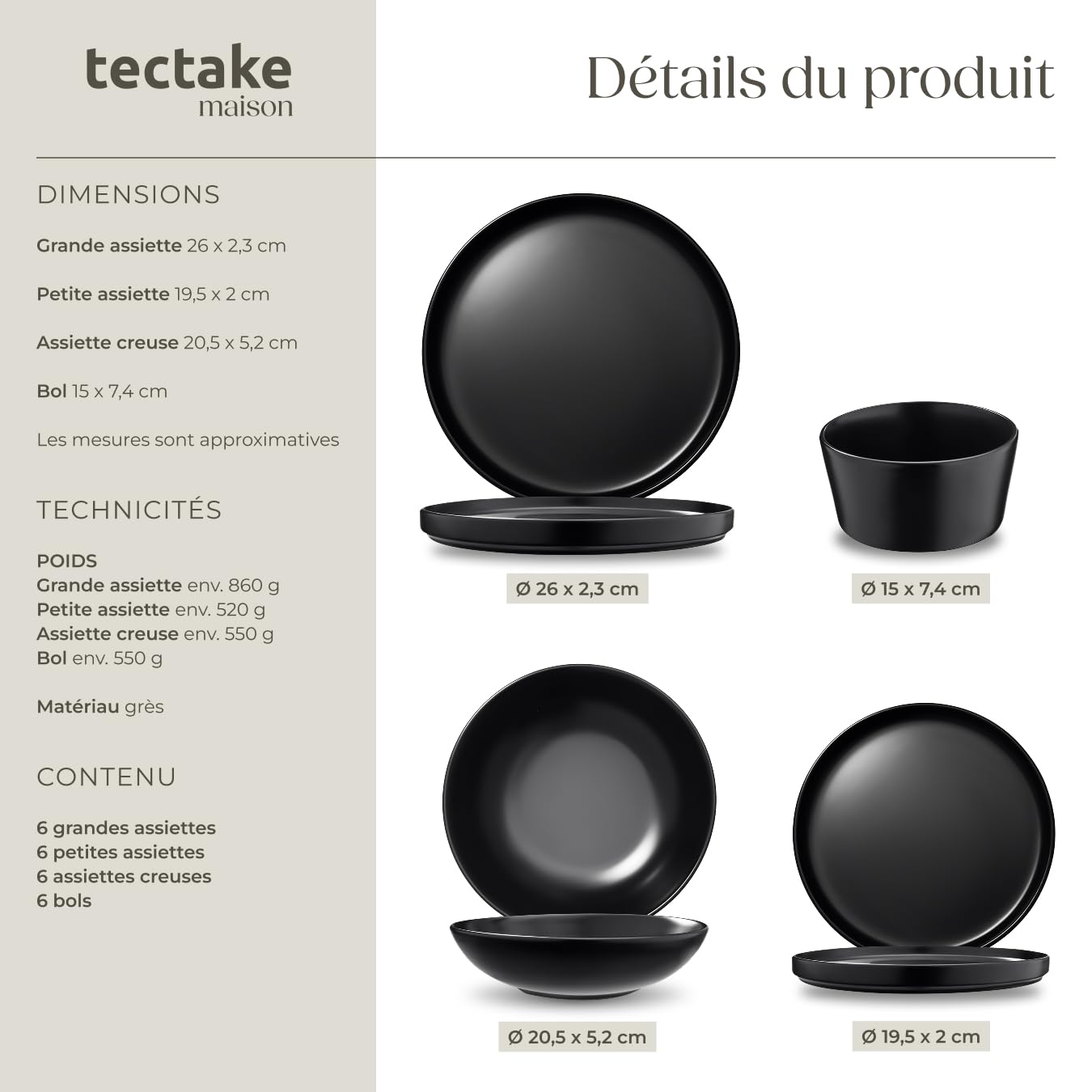tectake® Service de table 6 personnes Service vaisselle et arts de la table 24p. avec 6x Assiettes creuses 6x assiettes plates 6x assiette à dessert 6x bols petit déjeuner Coupelle soupe Lot assiette