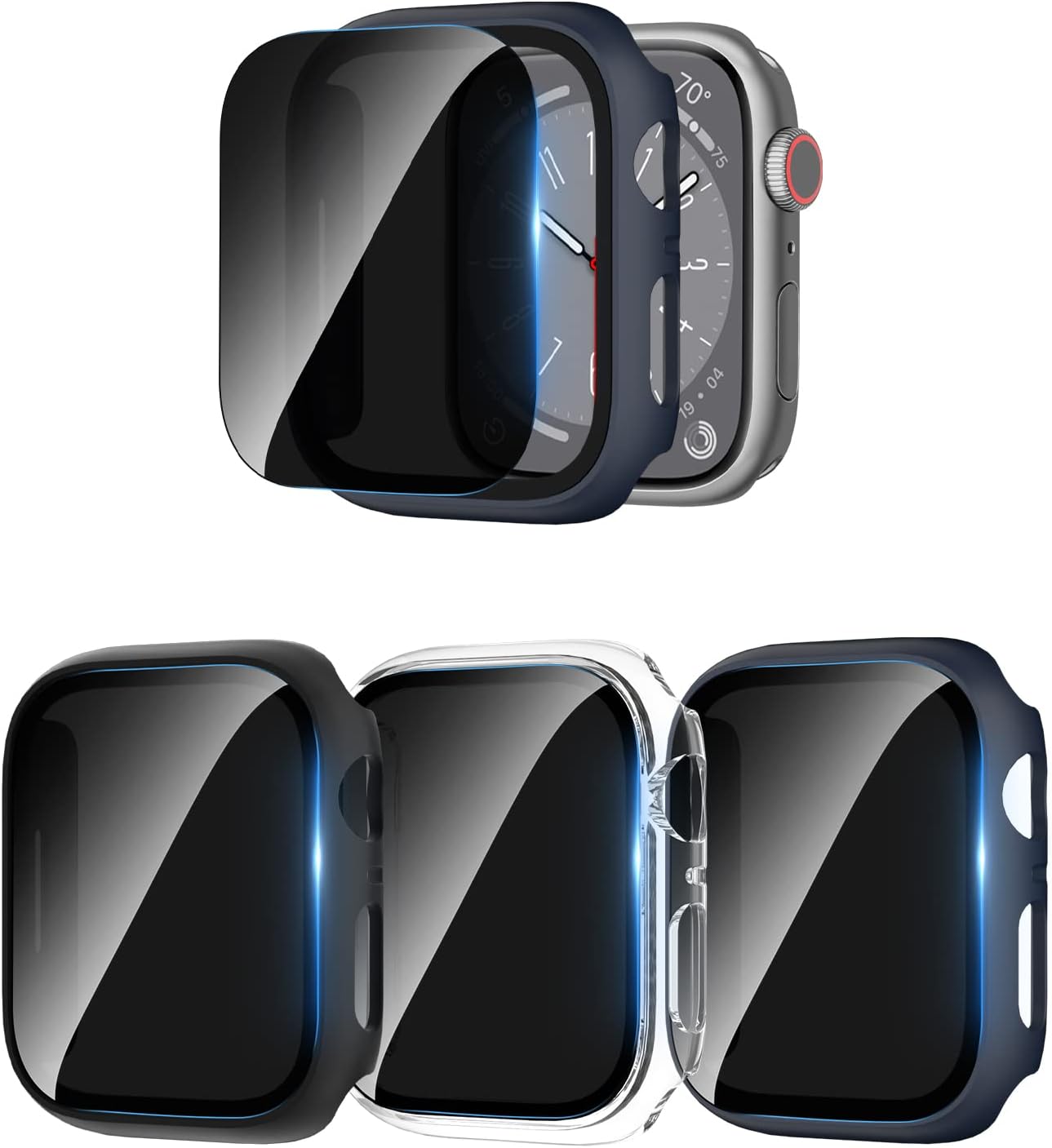 3 Pack Anti-Spy Apple Watch Case 44mm, Black/Clear/Blue