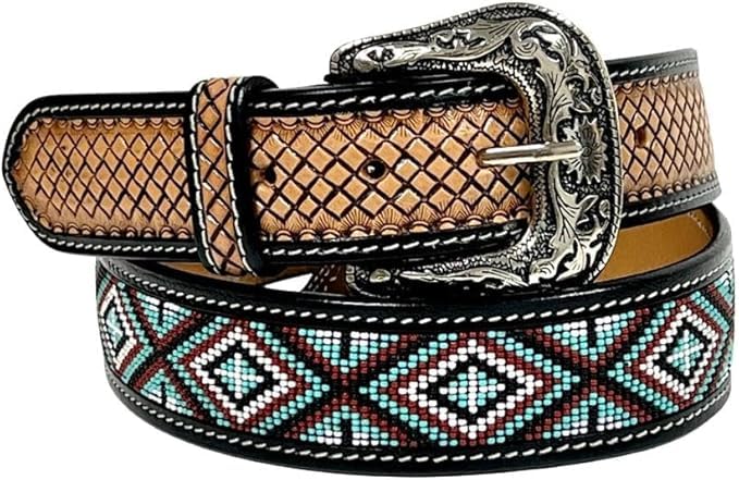 Handmade Western Beaded Men's Leather Belt Quality Thick Durable Wax Colorful Designs Cowboy Style Alloy Classic Fitted Casual Formal Wear in Pant Trouser Jeans Size: W-40-43/L-51in4