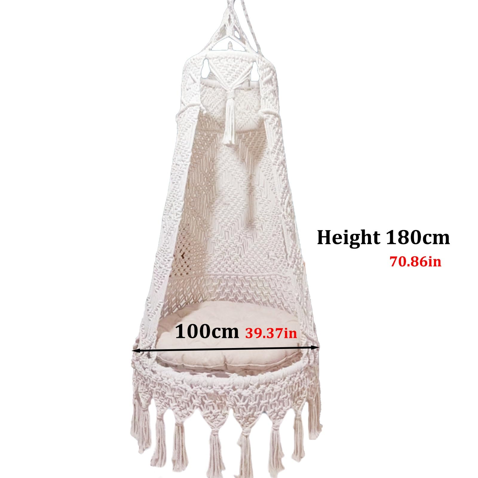 Poltrona Sospesa da Giardino Bianca Sedia Sospesa con Cuscino Rotondo, Sedia Amaca Altalena di Cotone Intrecciate per Interni Giardino e Terrazzo(100cm(39.37in))
