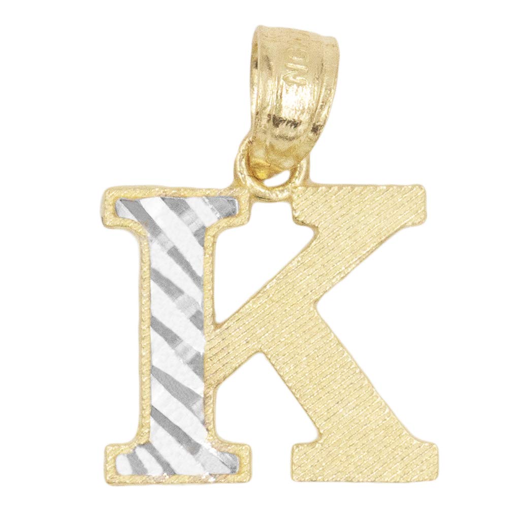 Ice on Fire Jewelry10k Real Solid Gold Two Tone Initial Pendant with Diamond Cut Finish, Available in Different Letters Personalized Letter Jewelry Gifts for Her (K)