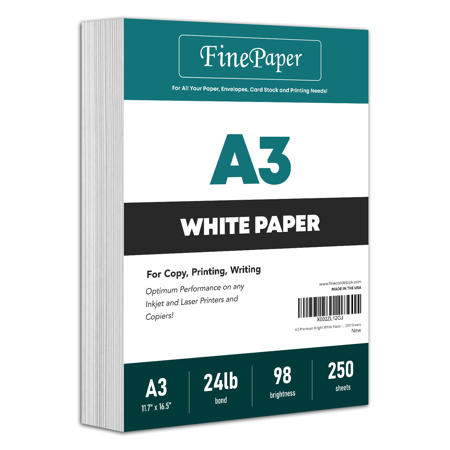 A3 Premium Bright White Paper – Great for Copy, Printing, Writing | 297 x 420 mm (11.7" x 16.5") | 24lb Bond / 60lb Text (90gsm) | 250 Sheets per Pack
