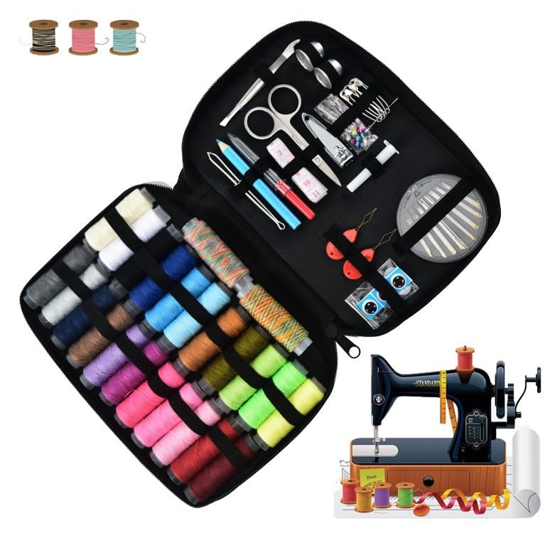 Kit de costura, 96 piezas de suministros de costura premium con funda con cremallera, mini accesorios de costura para viajes, hogar, bricolaje, principiantes, emergencias, niños y camping