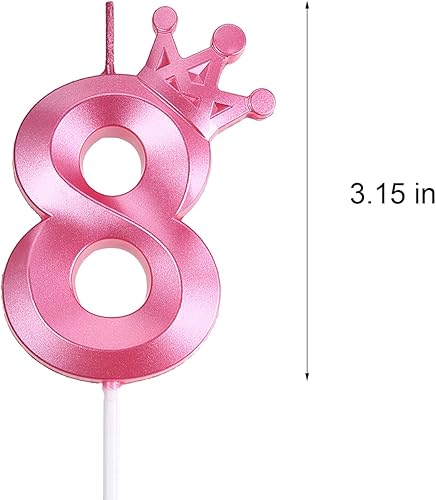 Miniatura 2 de Velas de cumpleaños rosadas número 8 de 3.15 pulgadas, decoración para pastel con corona 3D número 8 para decoraciones de cumpleaños