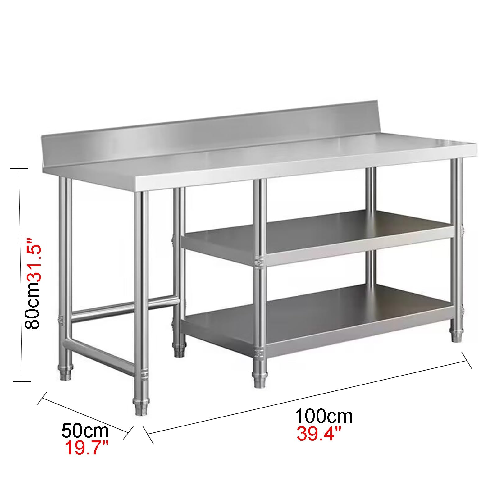 Mesa de preparación de cocina de acero grueso 304 pulgadas con altura de barandilla, estante de trabajo para uso doméstico y comercial (39.4 x 19.7 x 31.5 pulgadas)