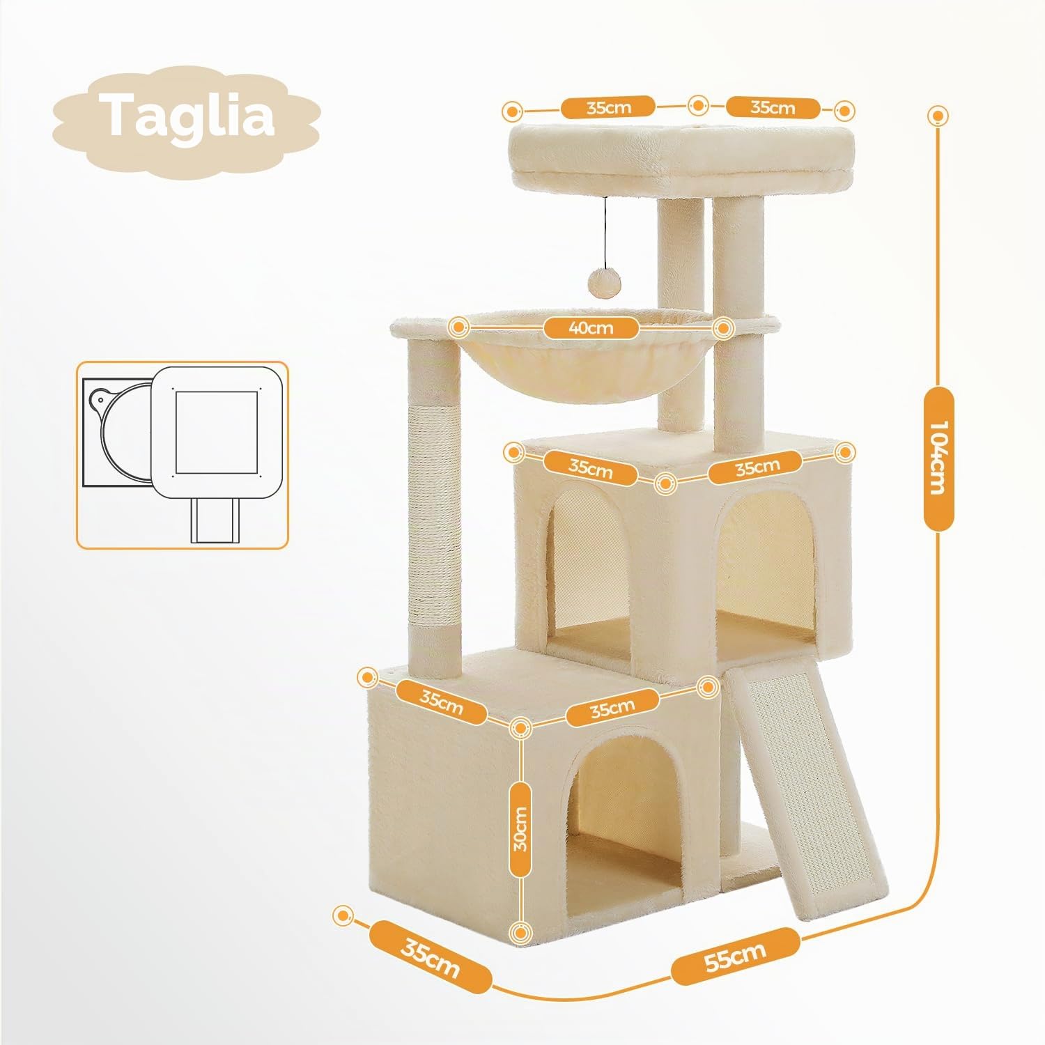 PETEPELA Tiragraffi da 104 cm, con 2 spaziose grotte per gatti di casa, casa per gatti con comoda amaca, asta imbottita, cuscinetto antigraffio e palla da gioco rimovibile, beige