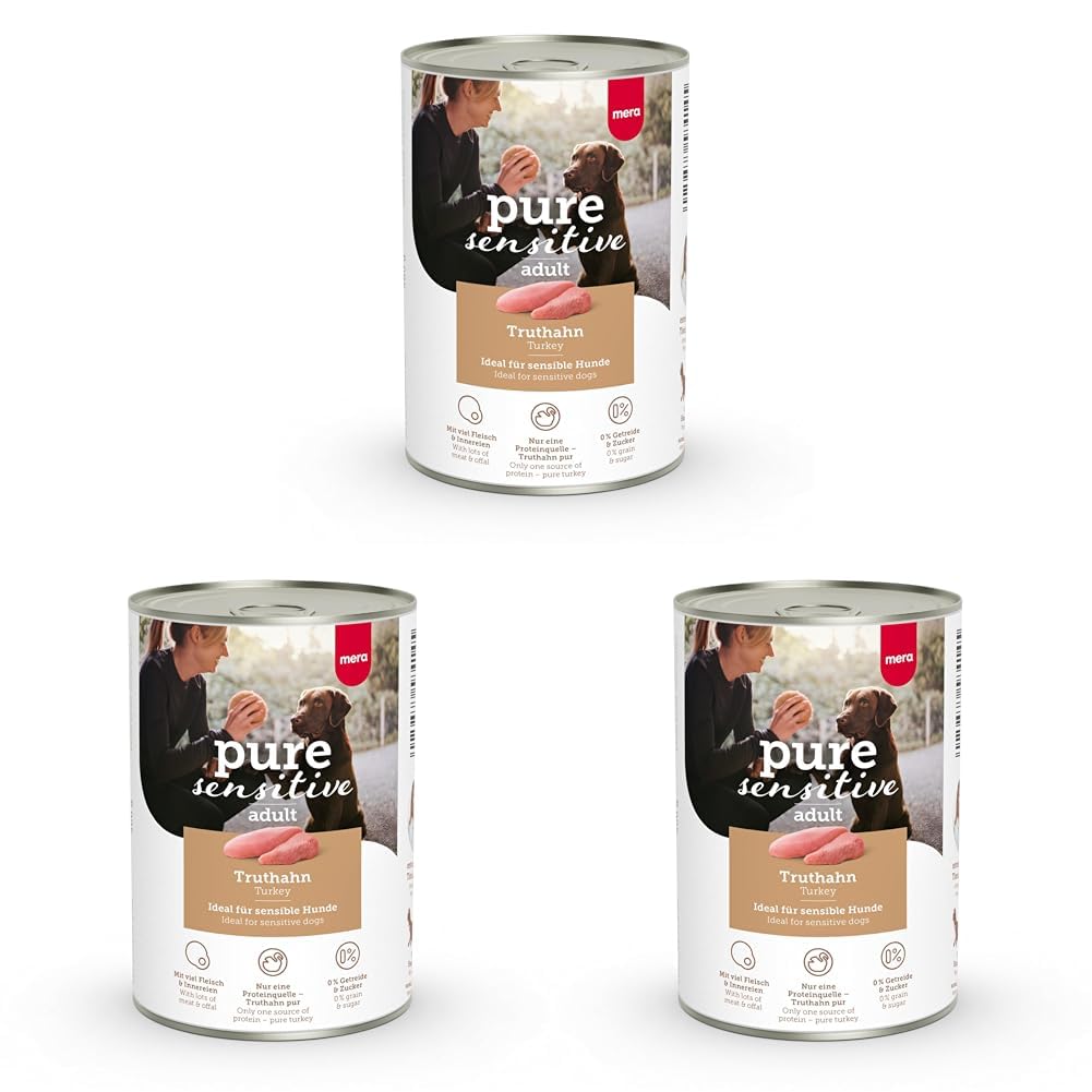 MERA Pure Sensitive Truthahn (6x400g), Hundefutter nass mit hohem Fleischanteil und getreidefrei, Nassfutter aus 100% tierischem Protein für Sensible Hunde, Single Protein (Packung mit 3)