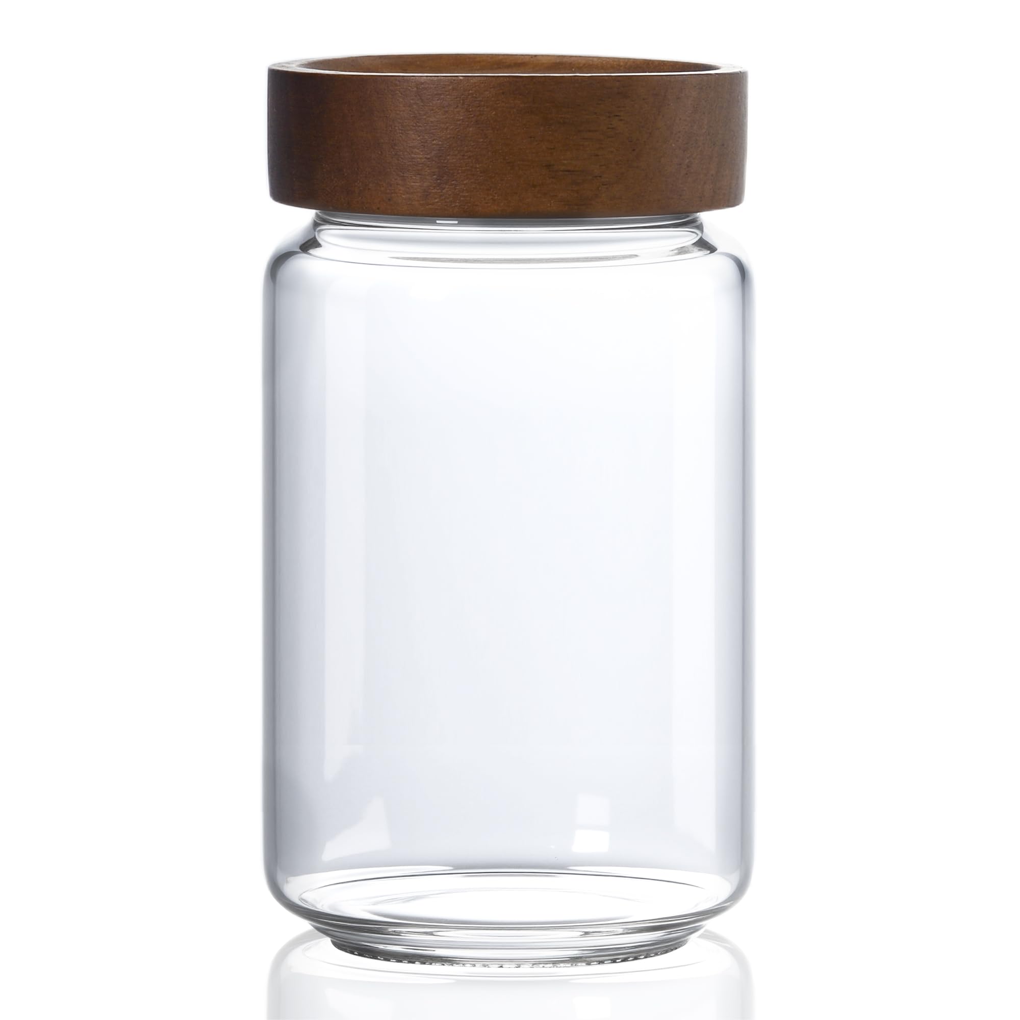 MOLADRI 24 fl oz/710 ml Glass Jar with Airtight Wooden Screw Top Lid, Clear Stackable Food Storage Canister, Medium Cute Decorative Glass Container