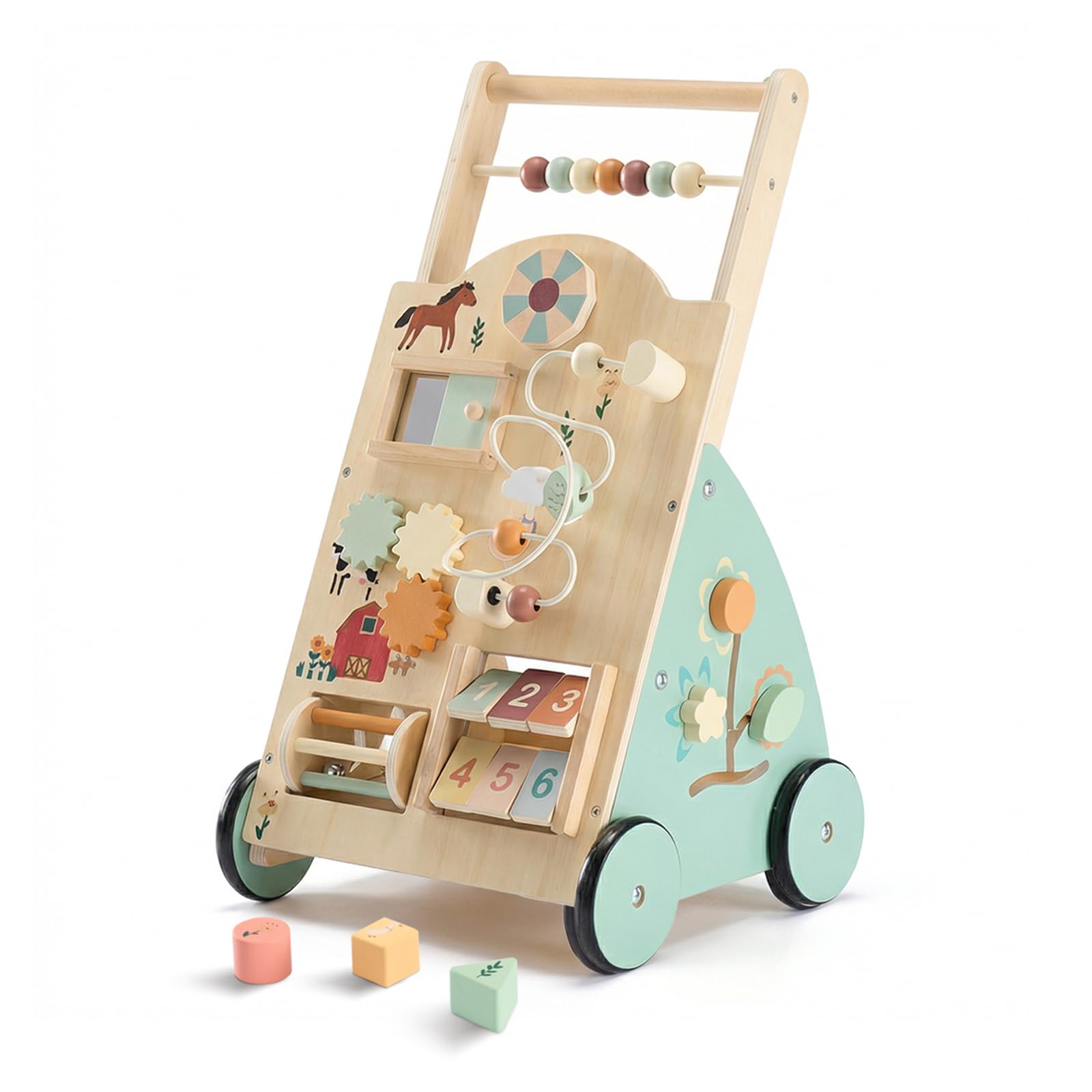 DUMOS Wooden Baby Push Walker, Montessori Activity Toys with Adjustable Speed for 1 Year Old, Silent Rubber Wheels, Wood