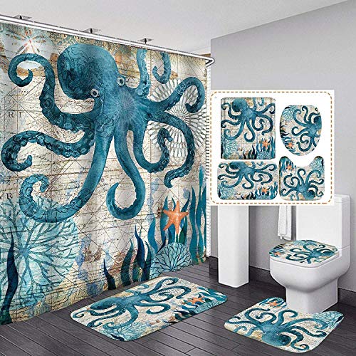 Songshenjian Underwater World Octopus Shower Curtain Set Polyester Waterproof Bathroom Shower Curtains + Toilet Mat Set Bath Rugs Toilet Lid Cover Contour Carpet, 72"X72", Octopus (4Pcs)… #TOP24