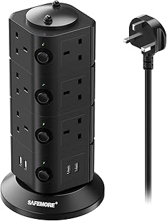 SAFEMORE Tower Extension Lead with 4 USB Slots, 14 Way Extension Tower Power with 4 Switches, Power Strip Surge Protection Multi Plug with 2M Extension Cord, 3250W/13A for Home, Office, Kitchen, Black