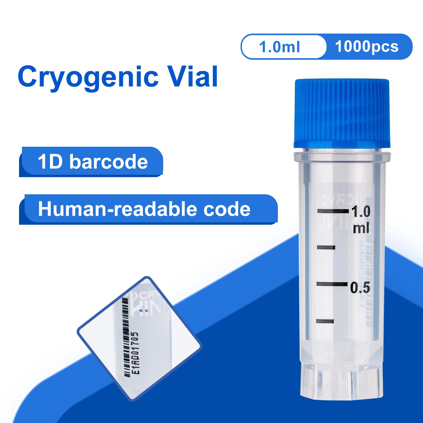 1000 tubos criogénicos de plástico de 1,0 ml, tubos de muestra de plástico, tubos de congelación con código de barras y tapón de rosca para experimentos de química de laboratorio