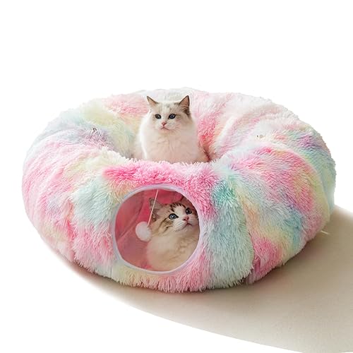 HIPIPET Winter Plush Cat Tunnel with Bed, Multifunctional Cat Toys for Small to Large Cats (Rainbow) - Rainbow