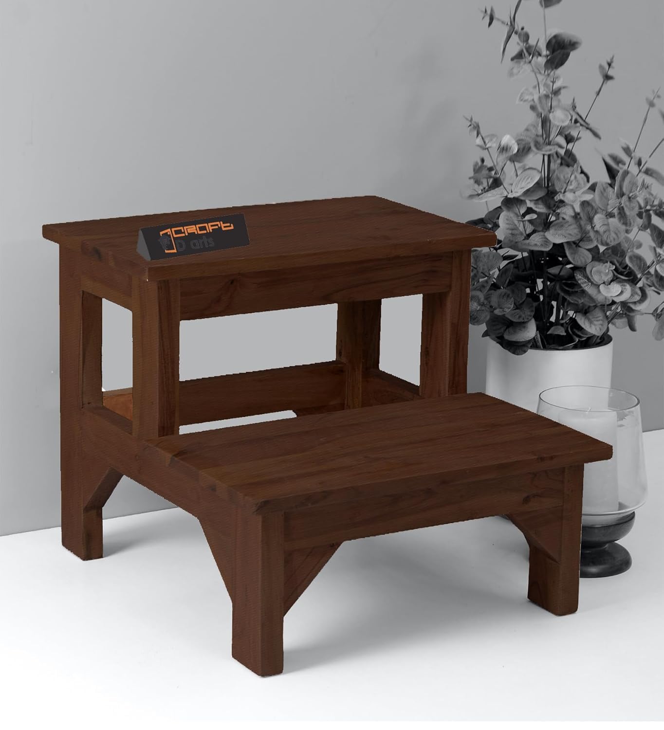 Wooden 2 Step Stool for Kitchen | Foot Rest Stool for Living Room | Sheesham Wood Walnut Finish Black