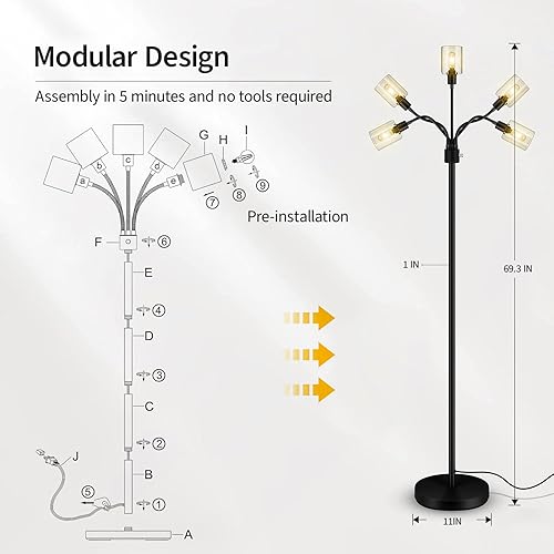 Miniatura 5 de Lámpara de pie industrial para sala de estar, lámpara de pie de árbol con 5 cabezales de cristal, 2000 lúmenes, bombillas Edison LED, interruptor de