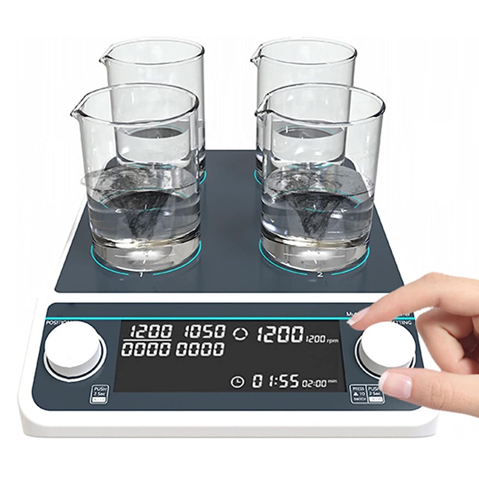 Agitador magnético de laboratorio, agitador eléctrico 50-1500 RPM, pantalla LCD, síncrono/asincrónico, capacidad de 4 x 500 ml, control de velocidad y sincronización