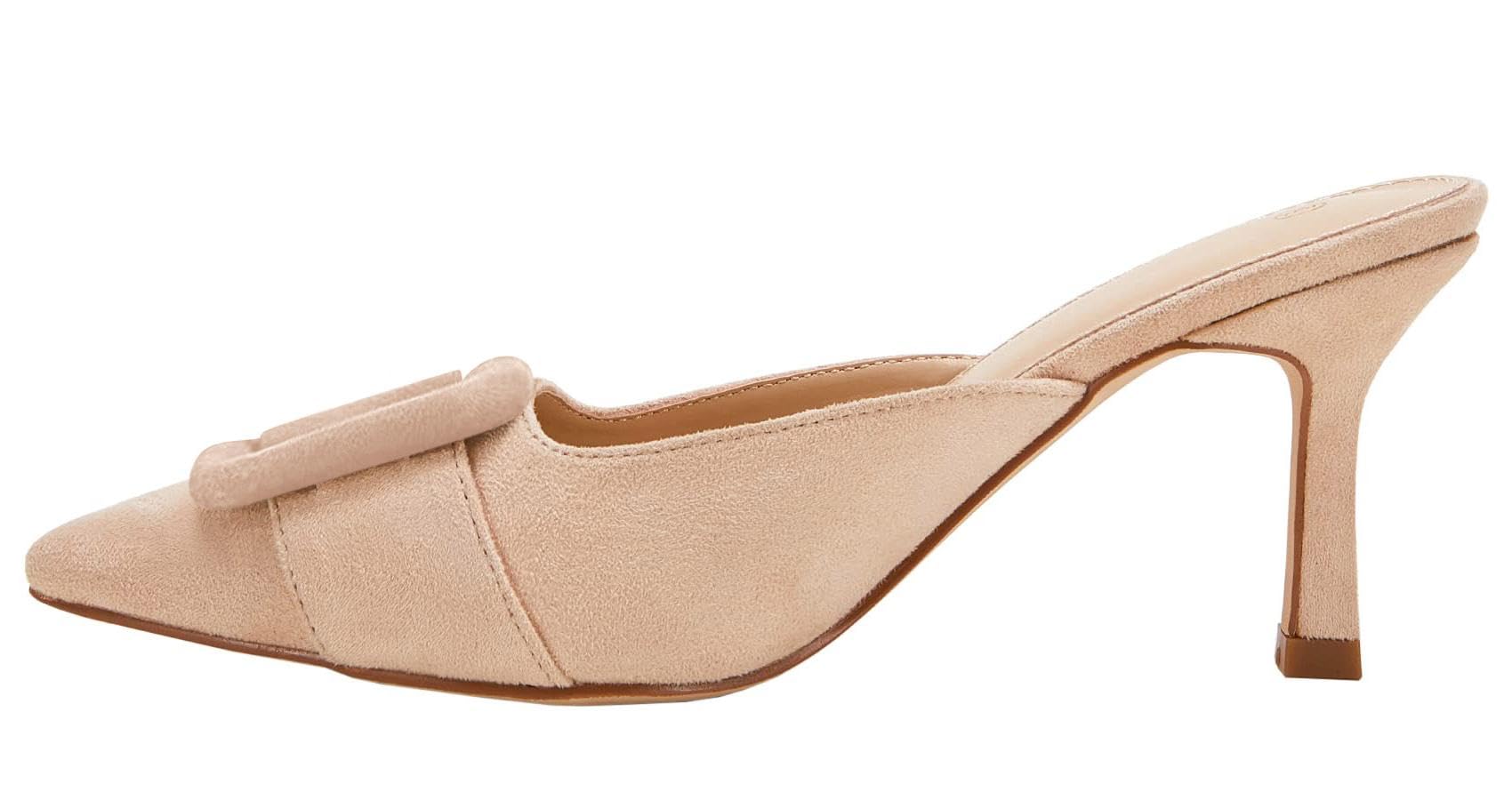VETASTE Women's Heeled Mules Pointed Toe Suede Buckle Slip On Sandals Kitten Heels Party Wedding Shoes