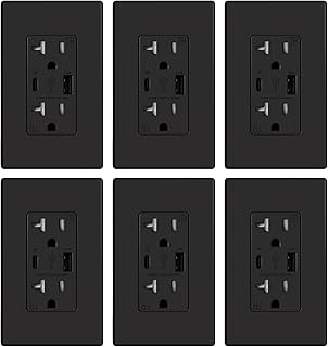 ELEGRP USB Charger Wall Outlet, USB Receptacle with Type A & Type C USB Ports, 20 Amp Duplex Tamper Resistant Receptacle Plug, Wall Plate Included, UL Listed (6 Pack, Matte Black)