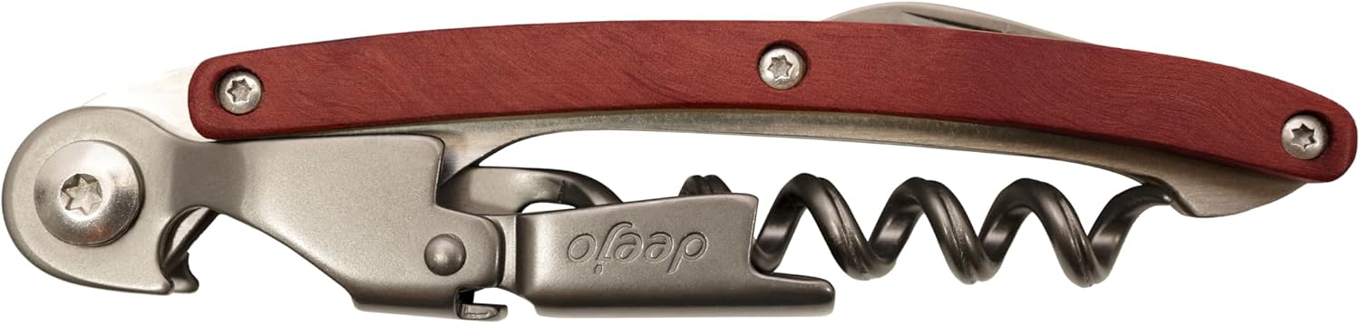 deejo Waiters Wine Key with Corkscrew Quick Bottle Opener and Micro-Serrated Blade- Coral Wood Handle.