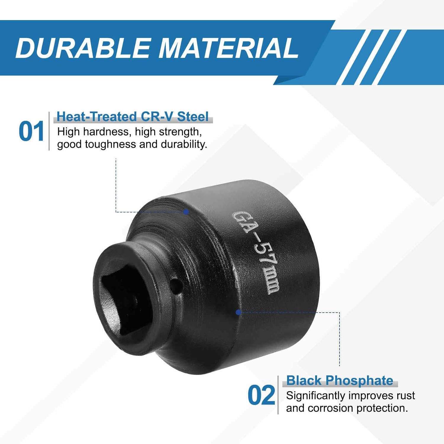 HARFINGTON 6 Point Impact Socket 1" Drive 57mm Metric Socket CR-V Steel Spindle Axle Hex Sockets for Machine Shaft Nuts Bolts Repair, Black