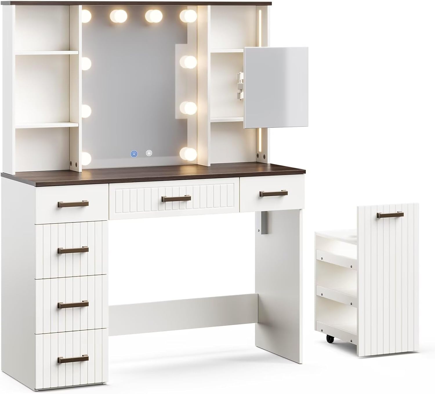 ivaniti Makeup Vanity Desk with Extendable Mirror & Rolling Cart, White Vanity Table with LED Bulbs, Ambient Light, 6 Drawers, Power Strip & 3 Lighting Modes