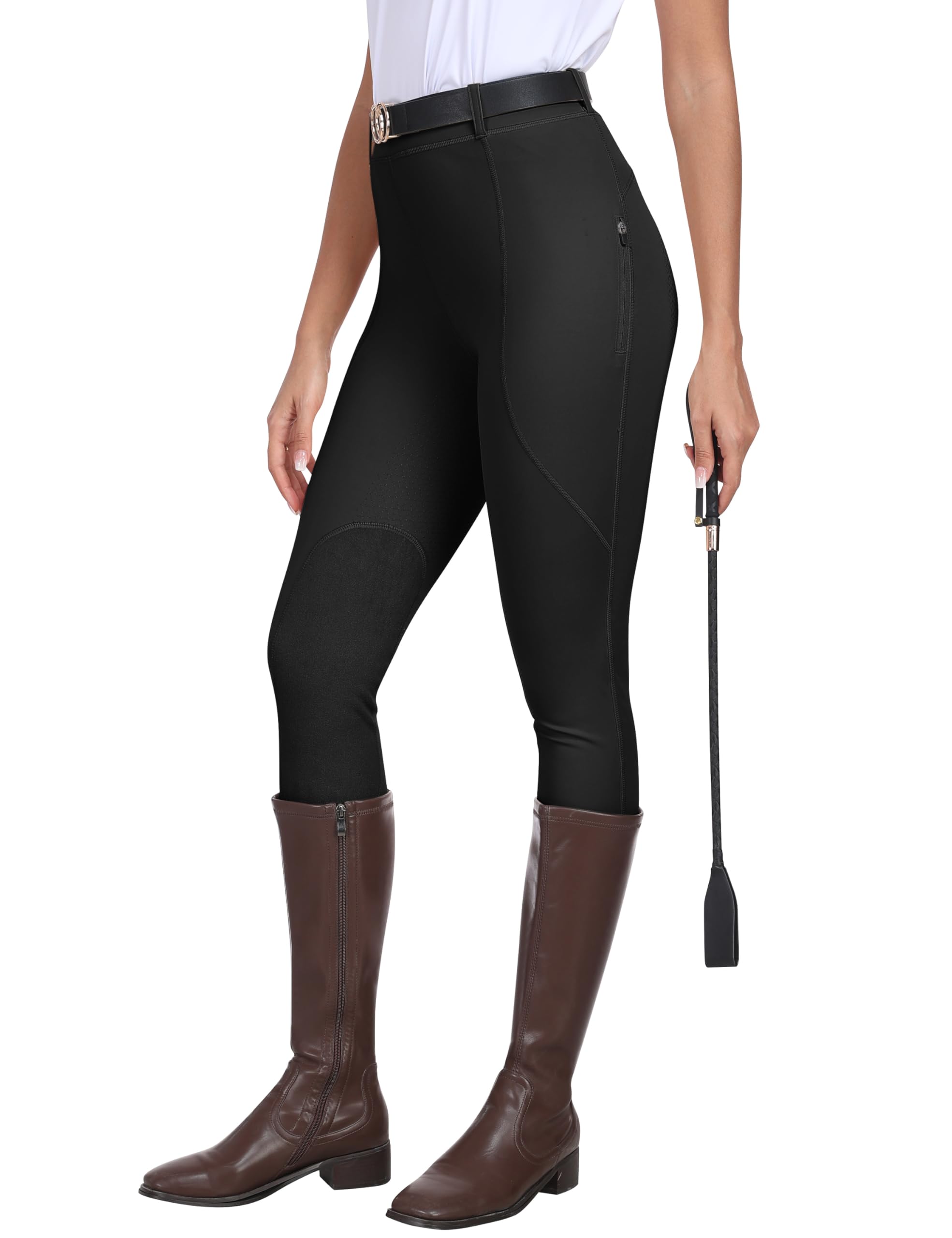 MoFiz Women's Horse Riding Pants Full Seat Silicon Knee-Patch Equestrian Breeches Horseback Schooling Tights Zipper Pockets Dark Grey M