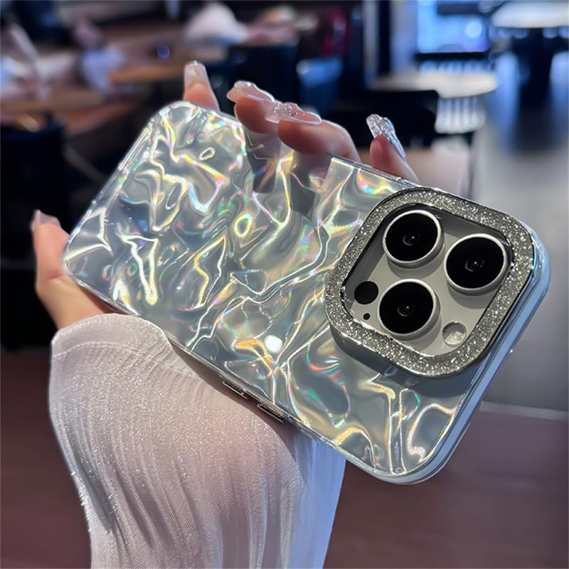 Image of COVERLY for iPhone 17 3D Butterfly Tassel Diamond Holder Stand Wrinkle Artistic Phone Case, Luxury Rhinestone Glitter Bride Water Ripple Lens Protection Holographic Cover for Apple iPhone 17 (Silver)