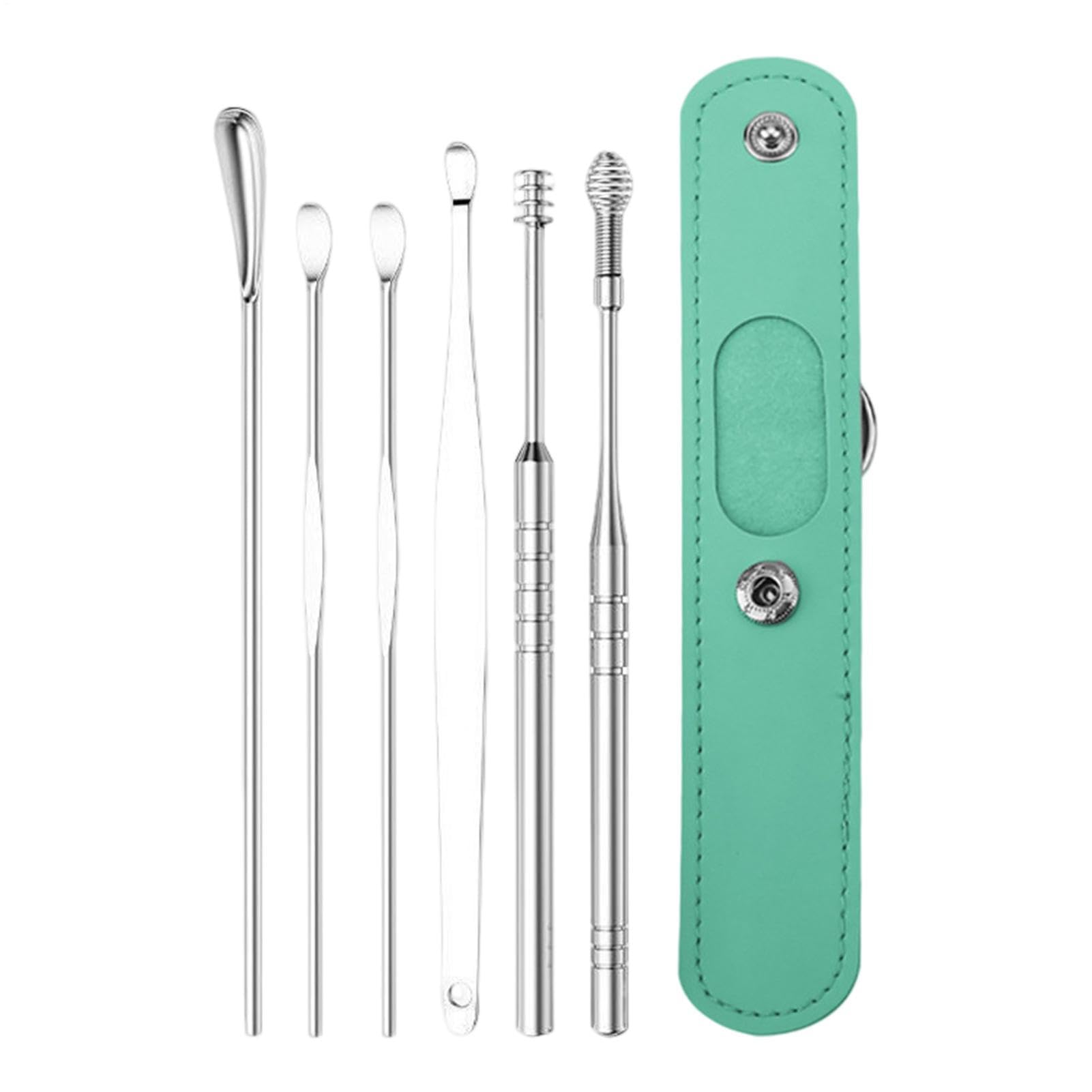 Ear Cleaning Tool Set - 6 Piece Metal Wax Extractor Kit Reusable Ear Pick Instruments with Travel Case